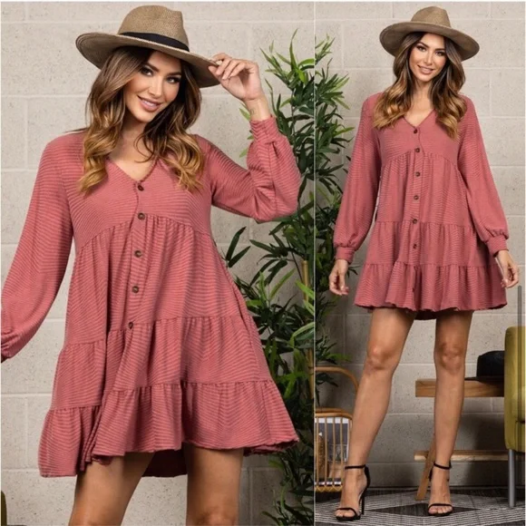 LAST ONE: USA Made Marsala babydoll women’s button front detail fall dress - Picture 4 of 4